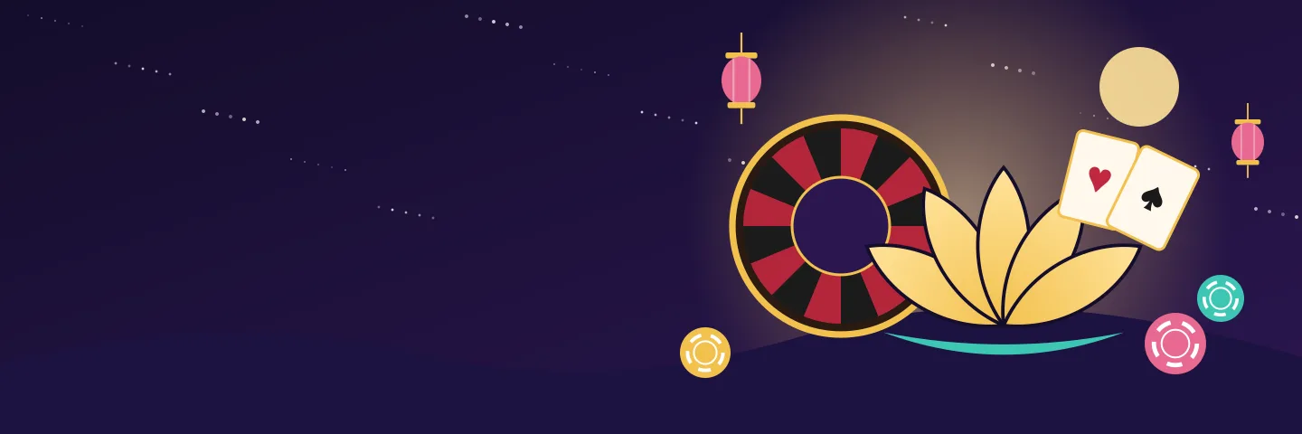 Baner Budda Casino ze złotym lotosem, kołem ruletki i żetonami na tle nocnego nieba